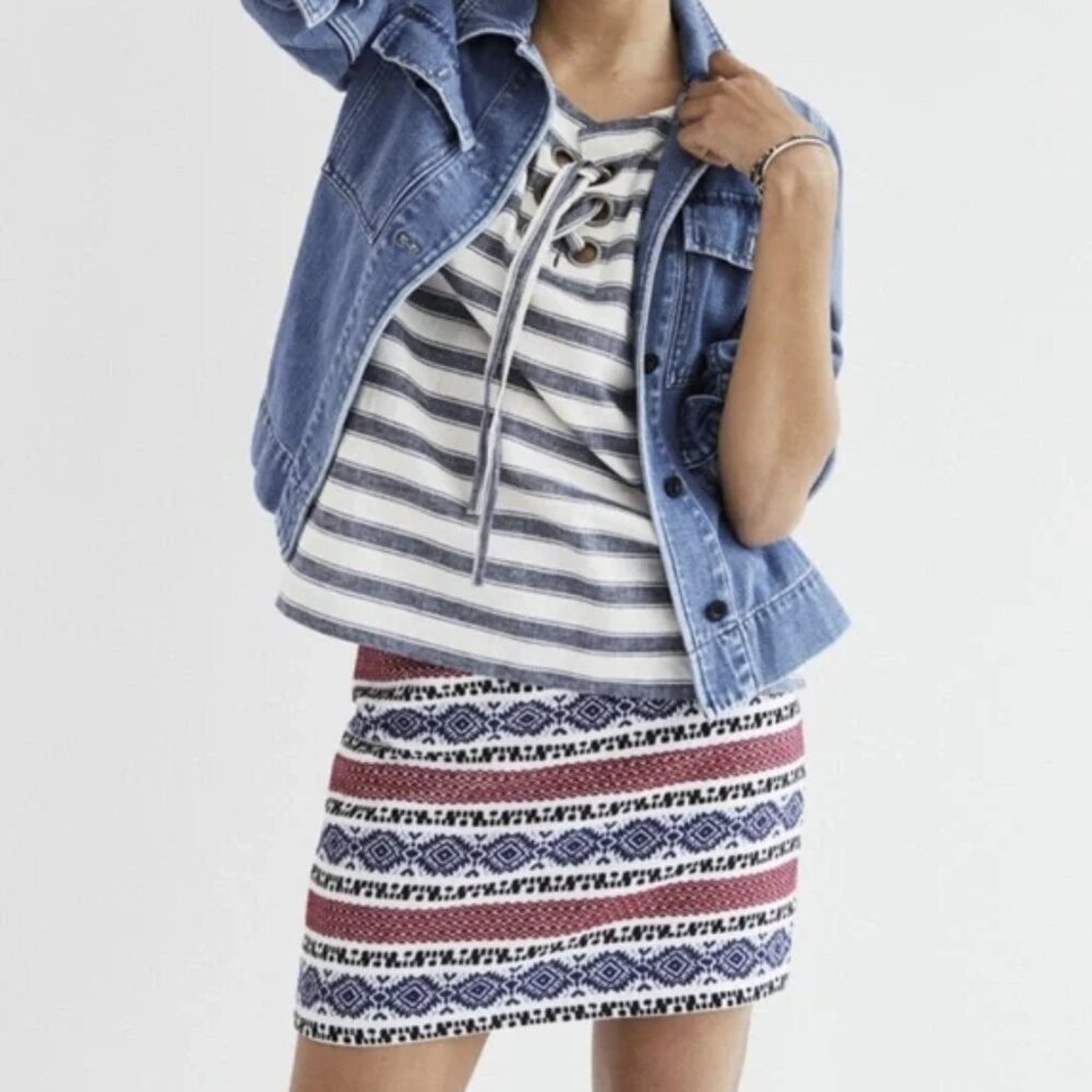 Madewell White Blue Red Striped Jacquard 100% Cotton Gamine Mini Skirt Sz 14 NWT